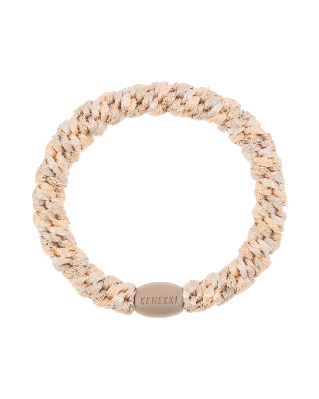 Kknekki mix powder beige hair tie with neutral light colour mix, and beige iconic logo bead.