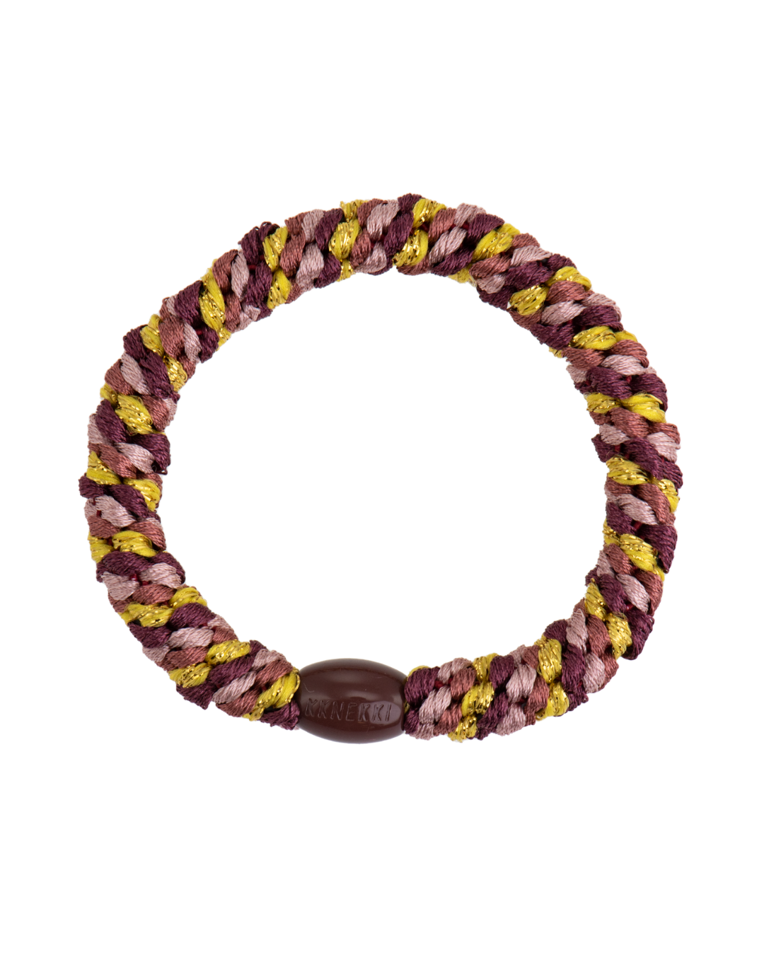 Kknekki mix colour rosewood sun hair tie with yellow, pink and deep red mix, and deep wine red iconic logo bead.