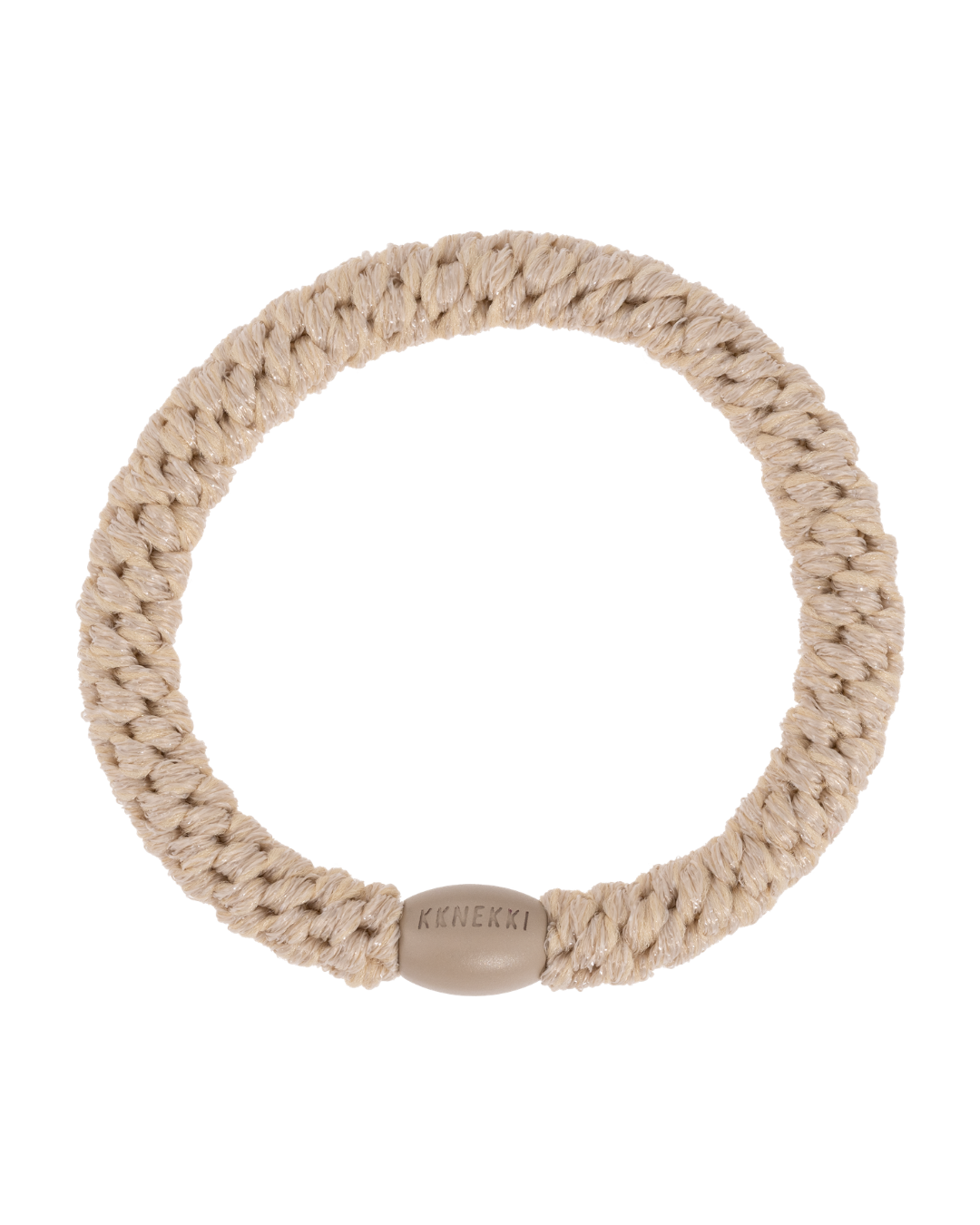 Kknekki wheat glitter hair tie in neutral tones with beige iconic logo bead.