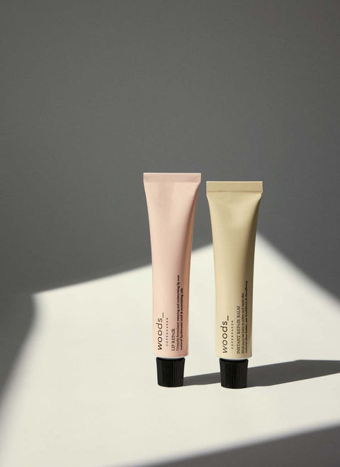 A great duo in the stylish metal mini tube of lip and intensive repair balm,s all natural, organic vegan  Repair Balms for all irritated skin, unisex , made by Woods Copenhagen. (8511228969265)