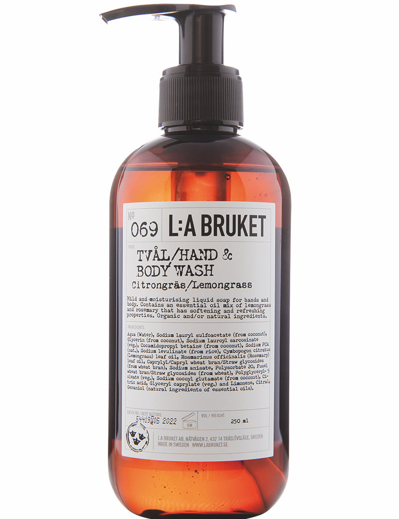 All natural, organic and vegan liquid soap for hand & body in a stylish brown pump bottle from Sweden's West Coast by the best selling L:A Bruket 