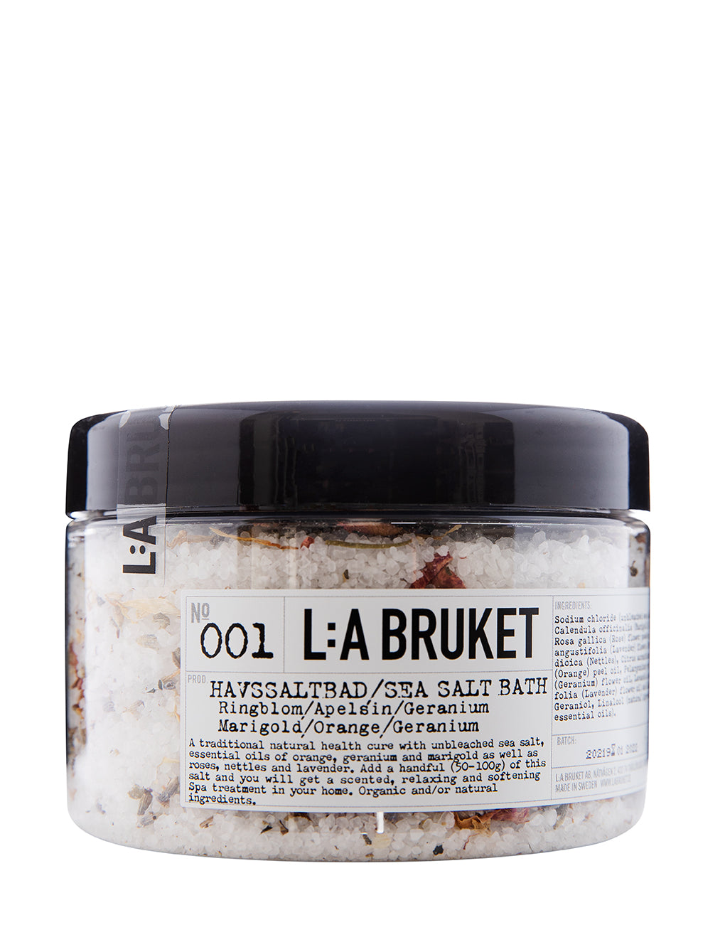 Natural, vegan & organic sea salt bath soak with the fresh floral scent from the nature of Sweden's West Coast by best selling minimalist L:A Bruket