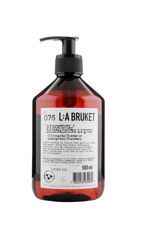 Natural, vegan & organic dish washing liquid with the fresh scent of lemongrass in brown pump bottle from the nature of Sweden's West Coast by best selling minimalist L:A Bruket
