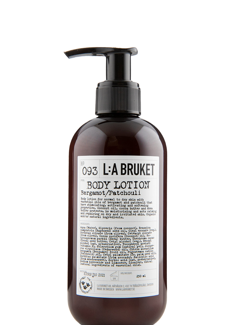 Natural, vegan & organic body lotion in brown pump bottle from the nature of Sweden's West Coast by the best selling minimalist L:A Bruket