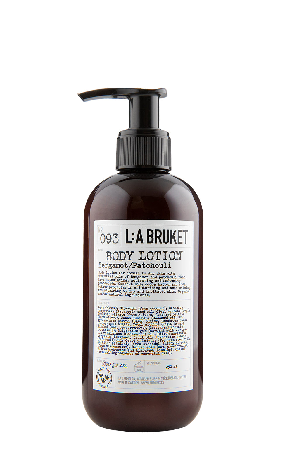 Natural, vegan & organic body lotion in brown pump bottle from the nature of Sweden's West Coast by the best selling minimalist L:A Bruket