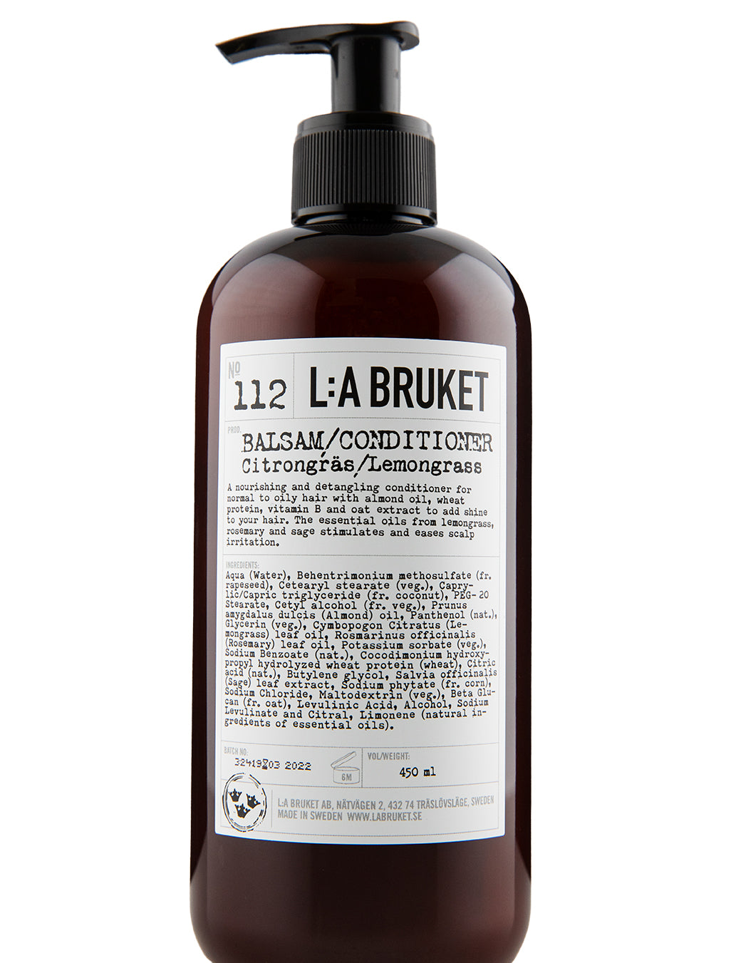 Natural, vegan & organic hair conditioner with scent of lemongrass in brown pump bottle from the nature of Sweden's West Coast by the best selling minimalist L:A Bruket