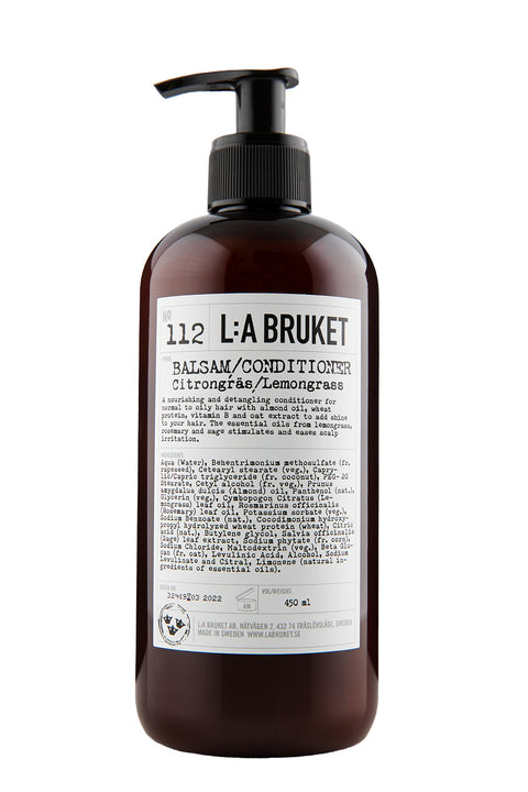 Natural, vegan & organic hair conditioner with scent of lemongrass in brown pump bottle from the nature of Sweden's West Coast by the best selling minimalist L:A Bruket