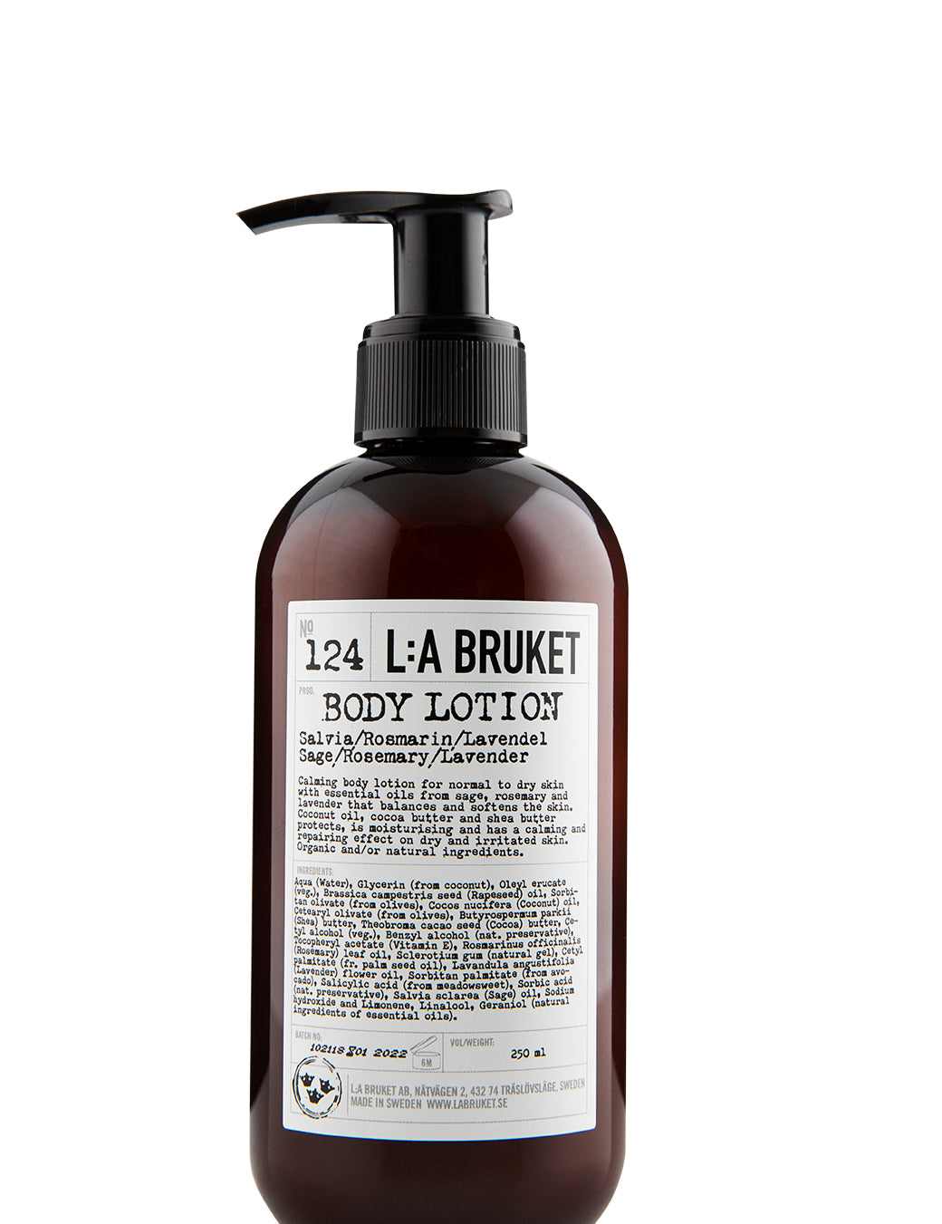 Natural, vegan & organic body lotion in brown pump bottle from the nature of Sweden's West Coast by the best selling minimalist L:A Bruket