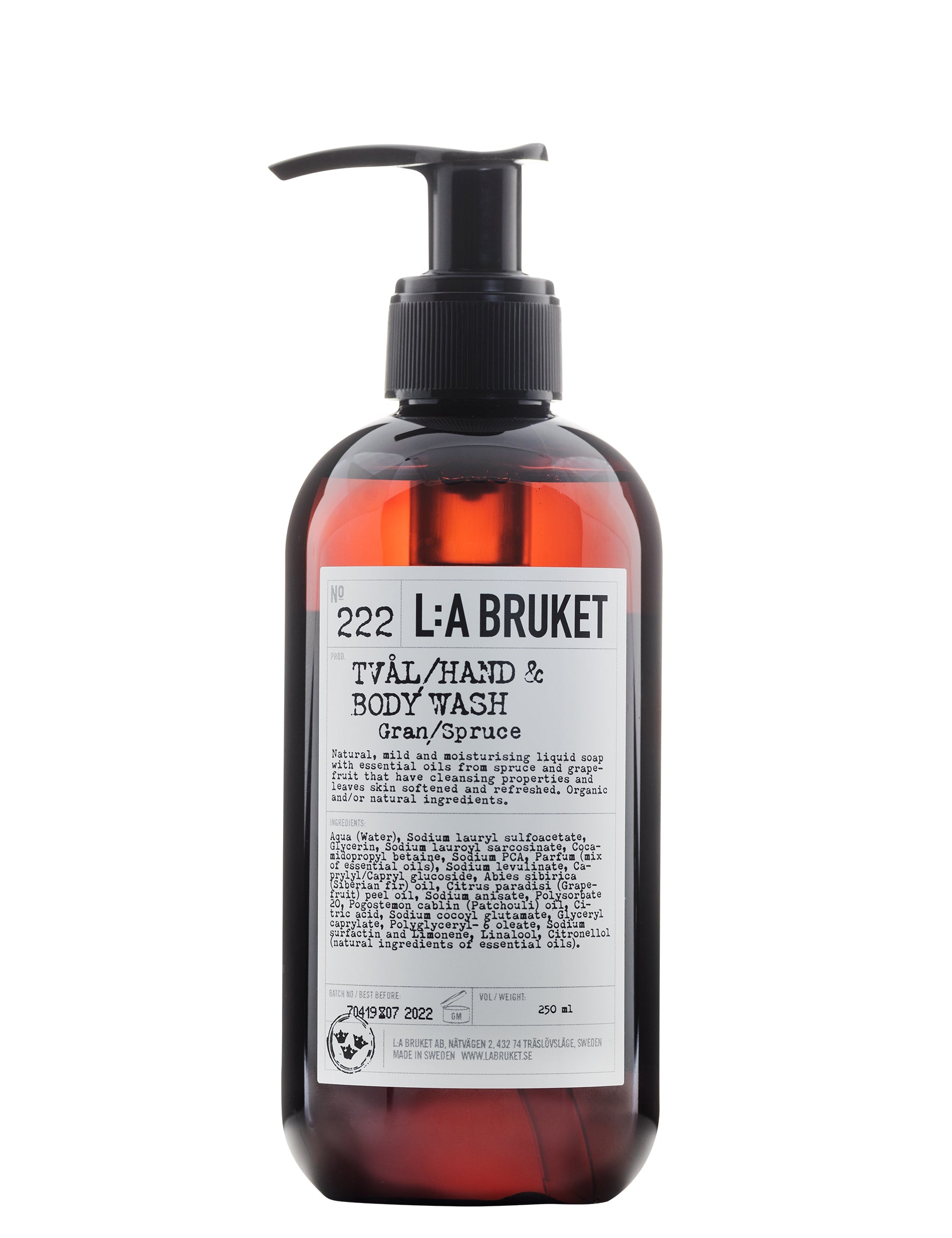 All natural, organic and vegan liquid soap for hand & body, with the green forest scent of Spruce in a stylish brown pump bottle from Sweden's West Coast by best selling L:A Bruket