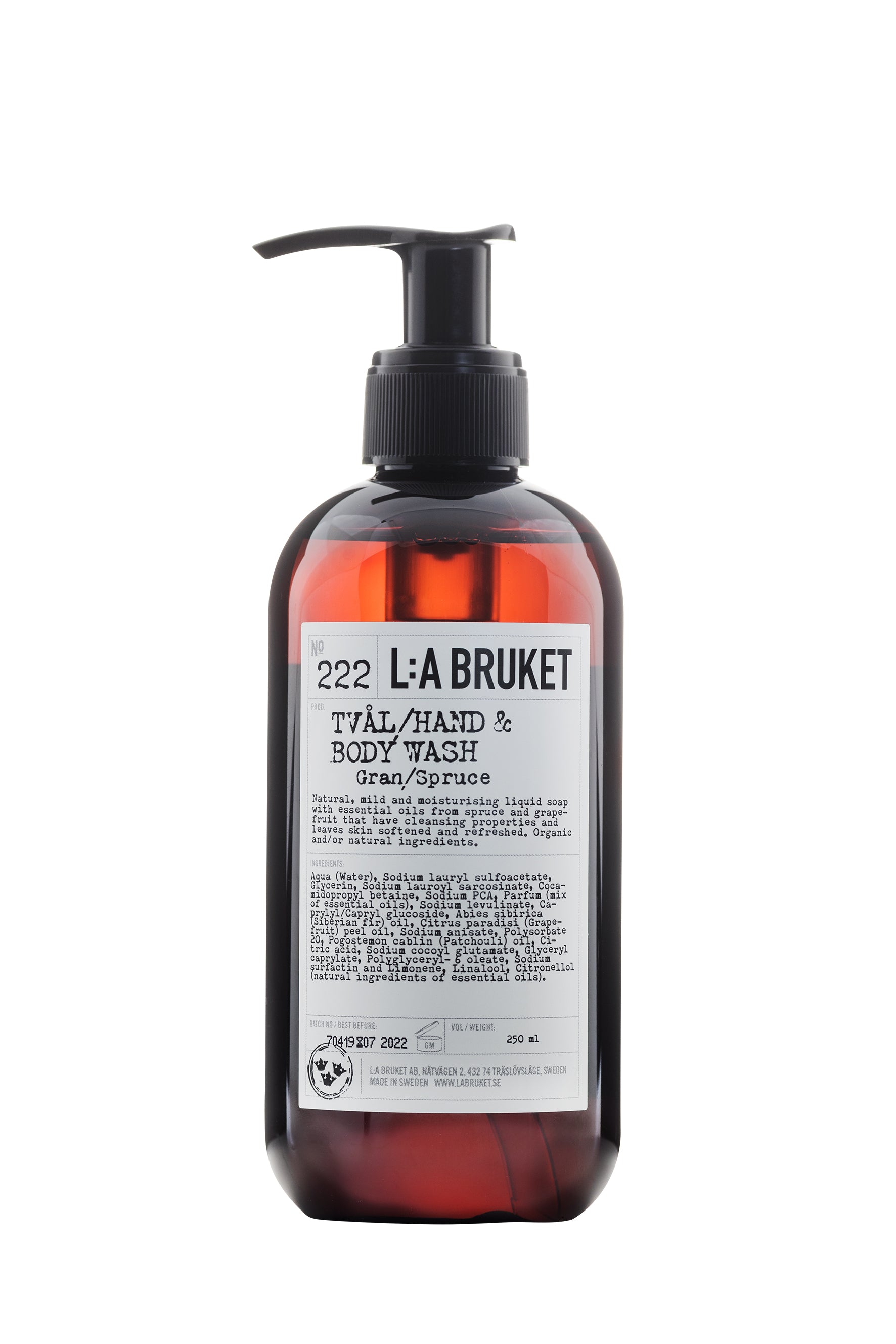 All natural, organic and vegan liquid soap for hand & body, with the green forest scent of Spruce in a stylish brown pump bottle from Sweden's West Coast by best selling L:A Bruket