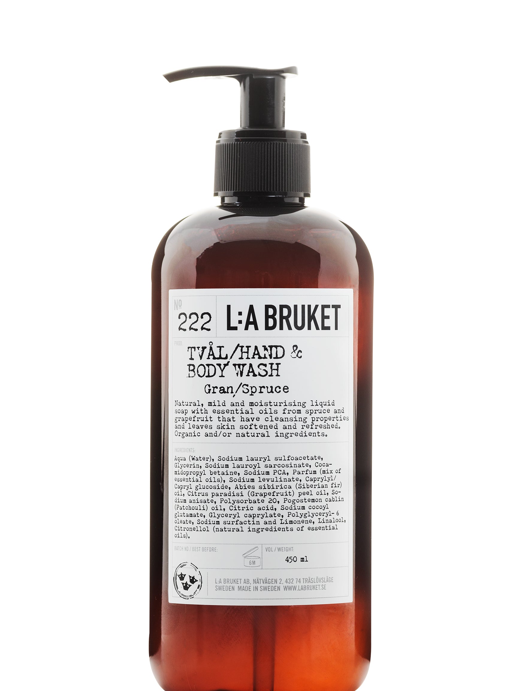 All natural, organic and vegan liquid soap for hand & body, with the green forest scent of Spruce in a stylish brown pump bottle from Sweden's West Coast by best selling L:A Bruket