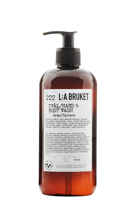 All natural, organic and vegan liquid soap for hand & body, with the green forest scent of Spruce in a stylish brown pump bottle from Sweden's West Coast by best selling L:A Bruket