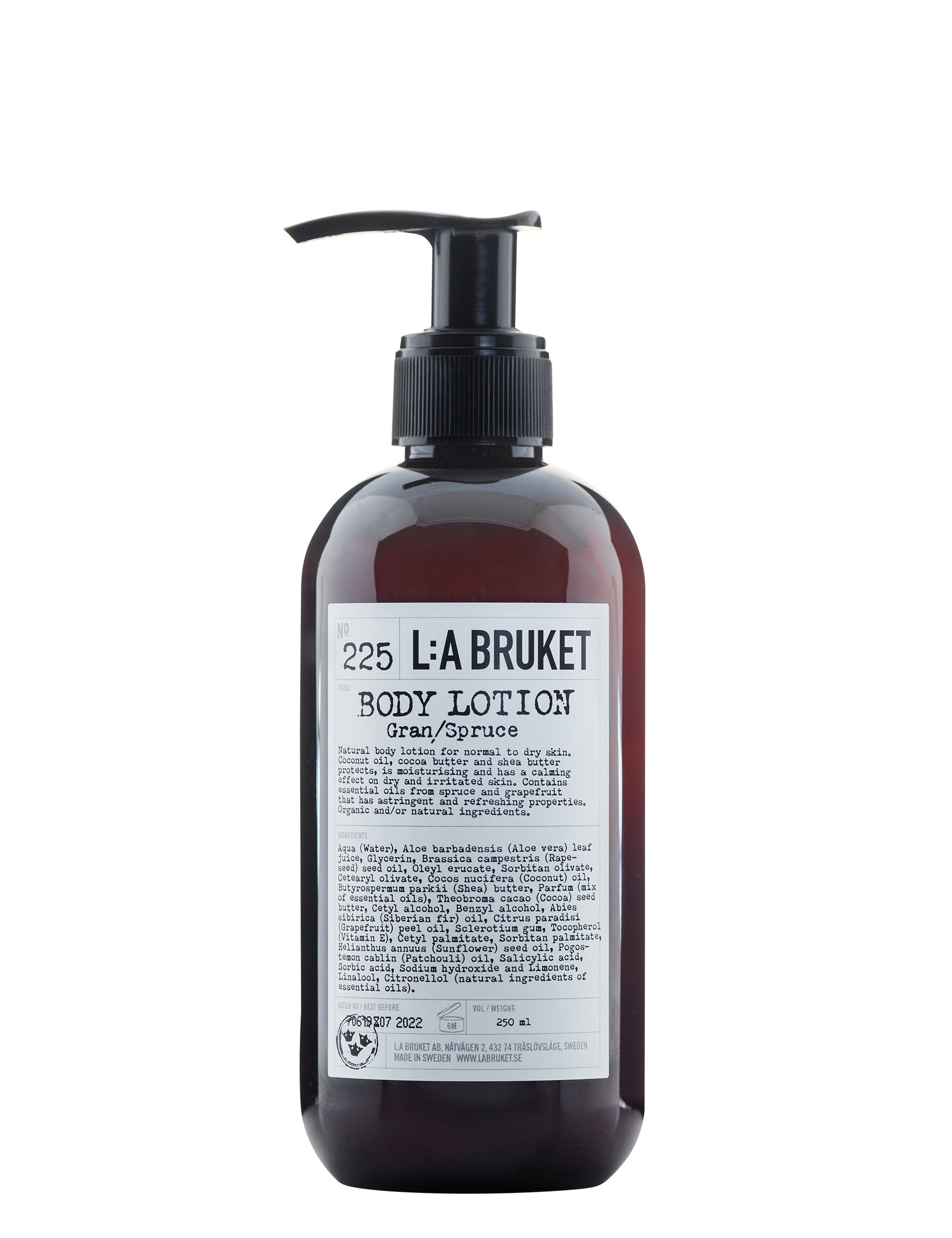 All natural, organic and vegan body lotion, with the green forest scent of Spruce in a stylish brown pump bottle from Sweden's West Coast by best selling L:A Bruket