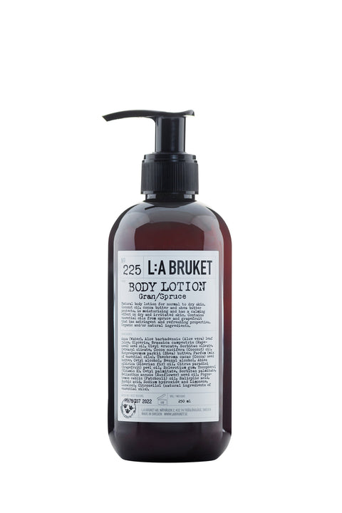 All natural, organic and vegan body lotion, with the green forest scent of Spruce in a stylish brown pump bottle from Sweden's West Coast by best selling L:A Bruket