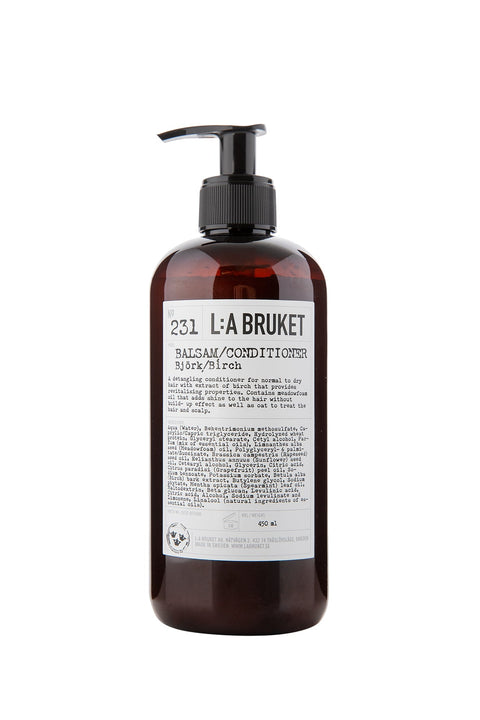 Natural, vegan & organic hair conditioner with the forest scent of birch in brown pump bottle from the nature of Sweden's West Coast by best selling minimalist L:A Bruket