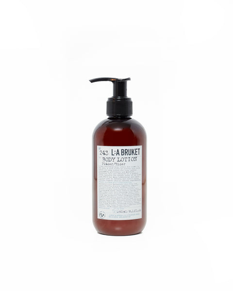 Natural, vegan & organic body lotion in brown pump bottle from the nature of Sweden's West Coast by the best selling minimalist L:A Bruket