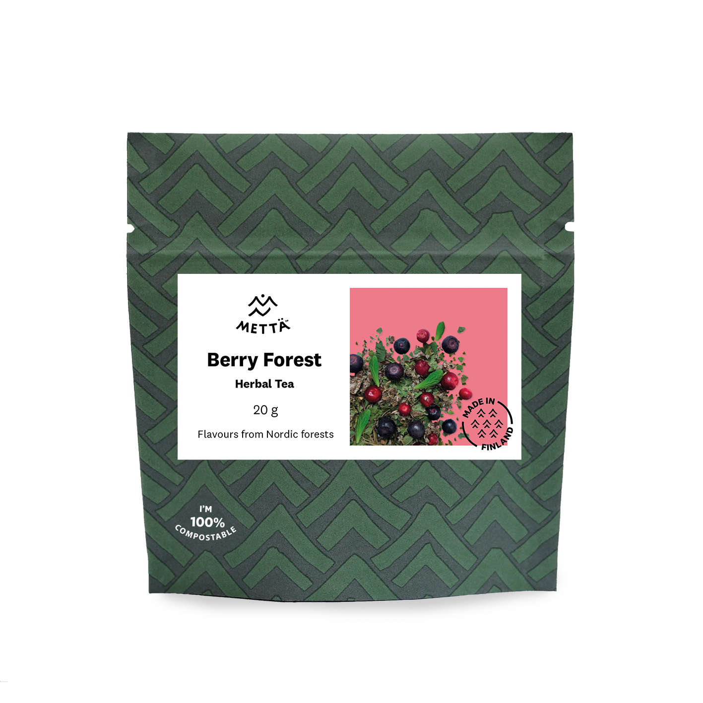 Natural berries from Finland's forest blended with spruce shoots & forest extracts for a healthy, natural & organic herbal tea blend in compostable packaging