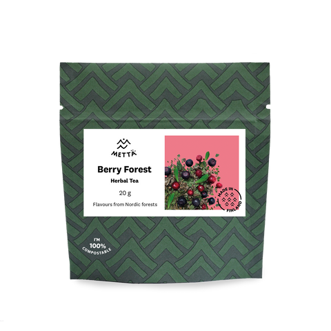 Natural berries from Finland's forest blended with spruce shoots & forest extracts for a healthy, natural & organic herbal tea blend in compostable packaging