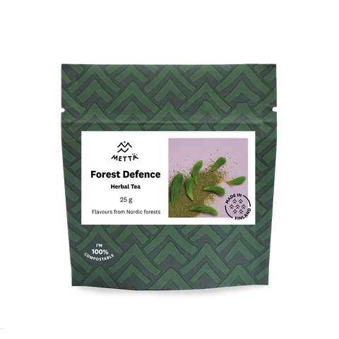 Natural spruce shoots from Finland's forest blended with natural extracts for a healthy, natural & organic herbal tea blend in compostable packaging