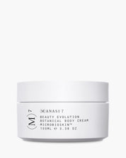 Microbioskin from Manasi7 is a fermented, probiotic multi use body cream to soothe irritated skin and moisturise with all natural vegan and plant based ingredients, in its signature white pot.