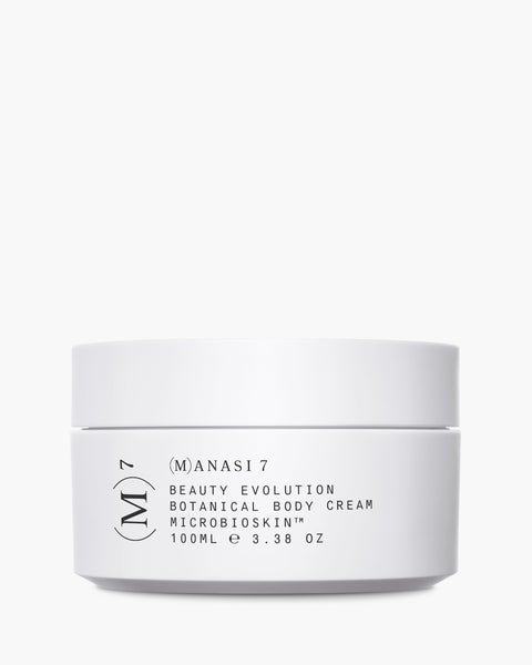 Microbioskin from Manasi7 is a fermented, probiotic multi use body cream to soothe irritated skin and moisturise with all natural vegan and plant based ingredients, in its signature white pot.