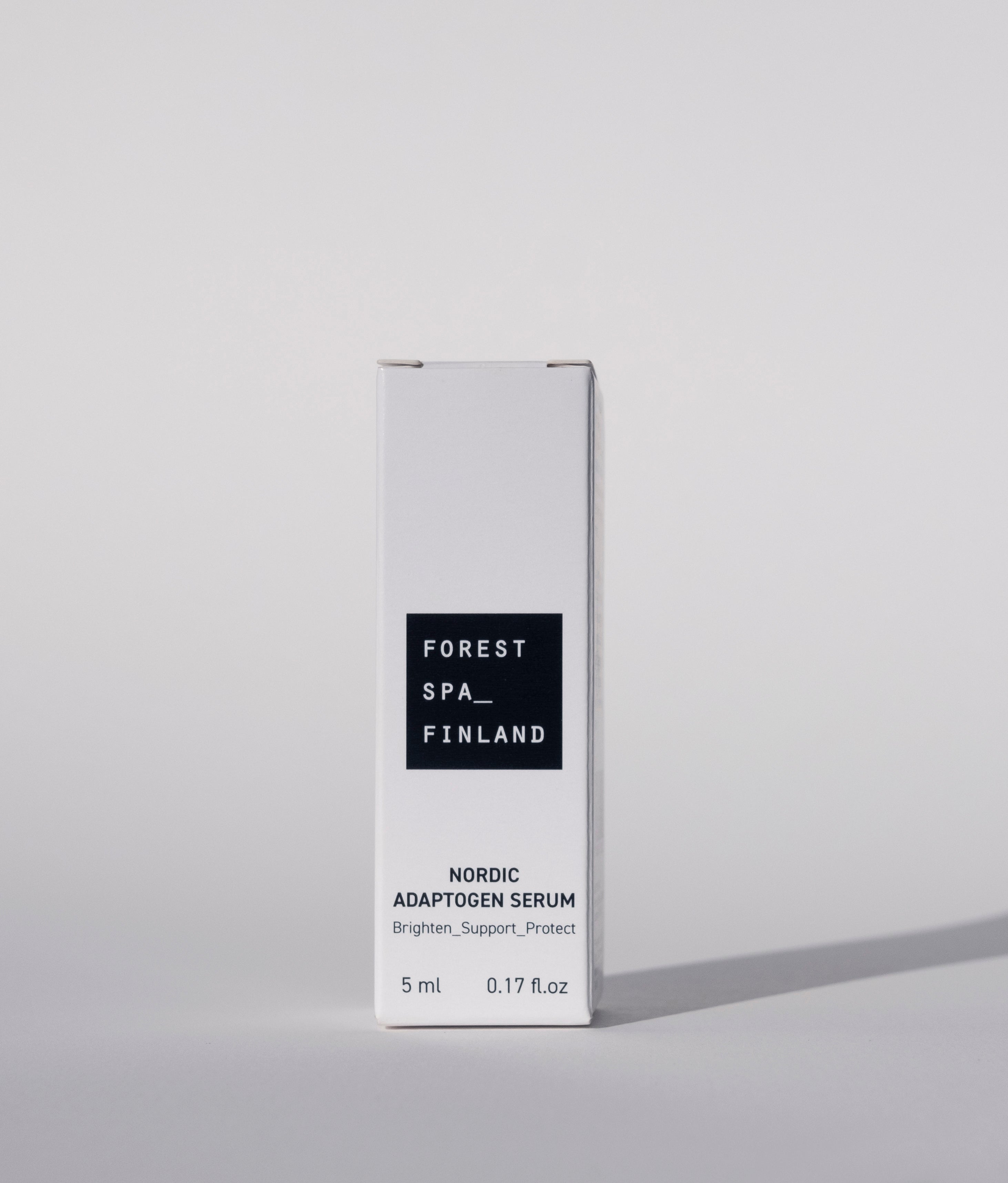 Forest Spa Finland packages all of its serums and products in sustainable, ecologically sound black & white packaging for a conscious, minimalist approach.