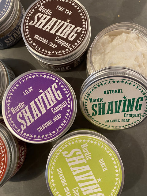 A selection of Retro styling for these natural shaving soap from the Nordic Shaving Company, the metal tin contains wet shaving soap scented from the Finnish forests and nature.
