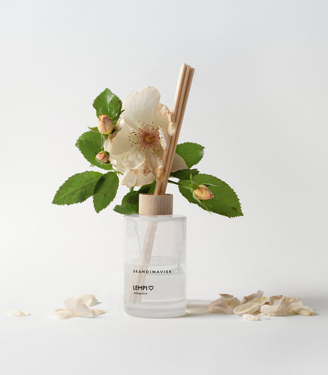 LEMPI floral scent diffuser of organic vegan room fragrance with 8 sticks in white coloured glass jars for the best in Nordic home style from Skandinavisk