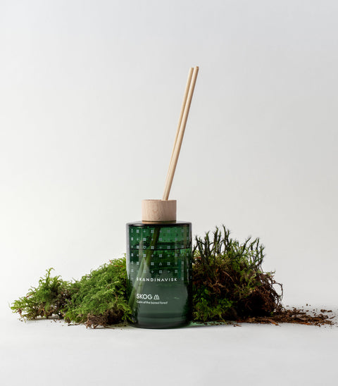 Sustainable & price conscious refill for SKOG scent diffuser of organic vegan room fragrance with 8 sticks in plastic bottle for the best in Nordic home style from Skandinavisk