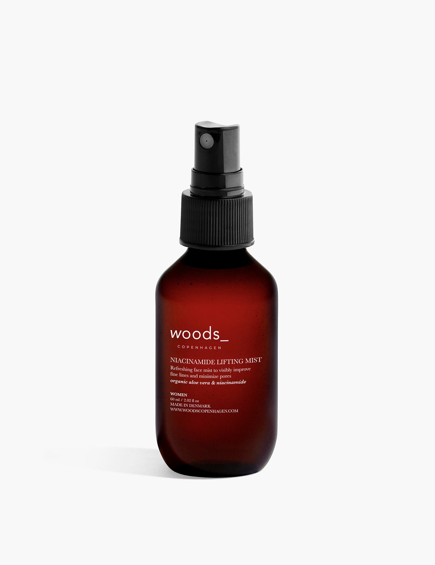 Refresh, hydrate and give an antioxidant boost to the skin with natural, organic vegan Niacinamide Lifting Mist  in its brown pump bottle, ideal for all skins, unisex , made by Woods Copenhagen (8511007981873)