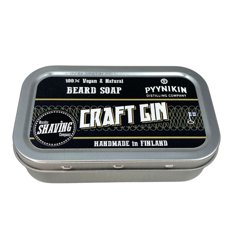 Retro styling for the natural beard soap from the Nordic Shaving Company, with its stylish black label, the metal tin contains soap scented from the surplus botanicals of the craft gin industry..