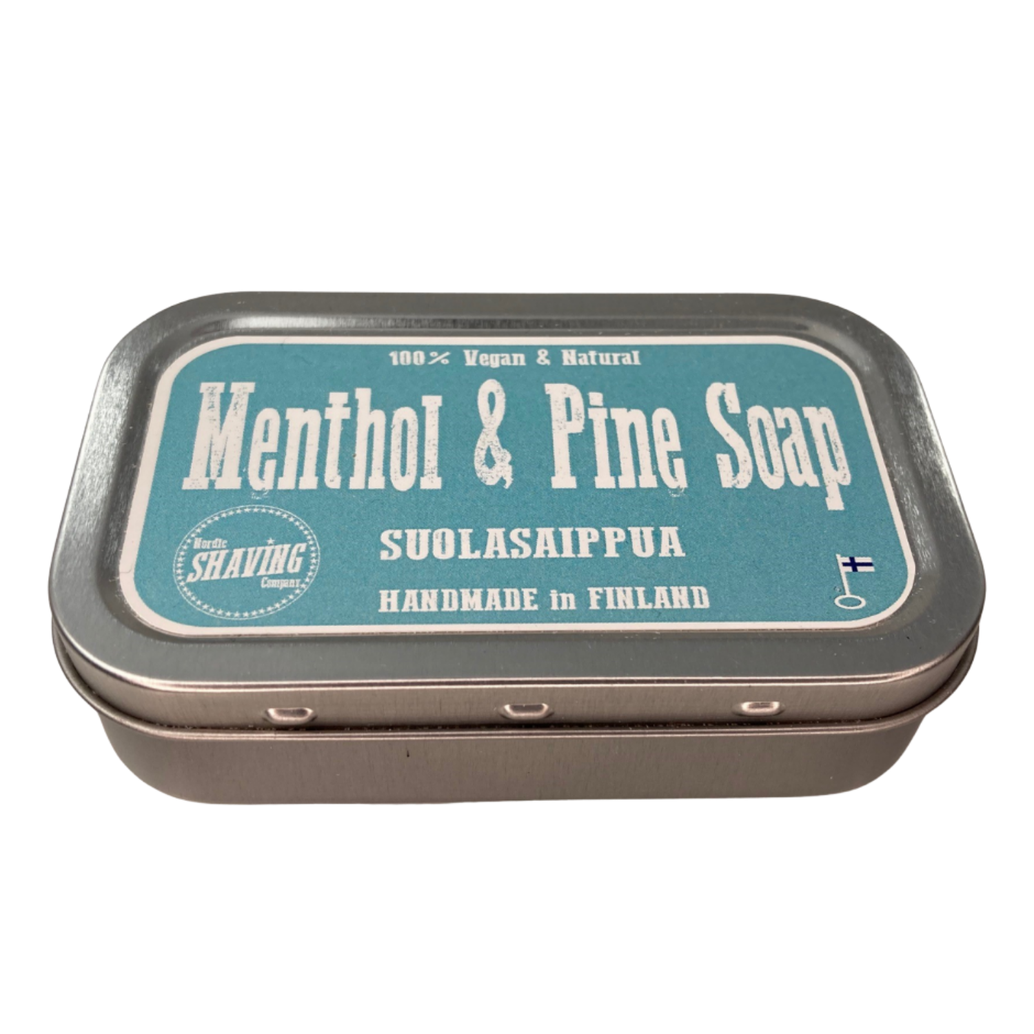 Retro styling for the vegan, natural soap from the Nordic Shaving Company, with its classic designed blue label, the metal tin contains soap scented with fresh menthol and pine resin.