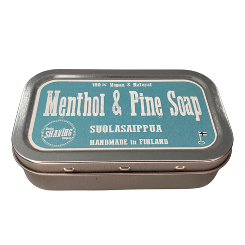 Retro styling for the vegan, natural soap from the Nordic Shaving Company, with its classic designed blue label, the metal tin contains soap scented with fresh menthol and pine resin.