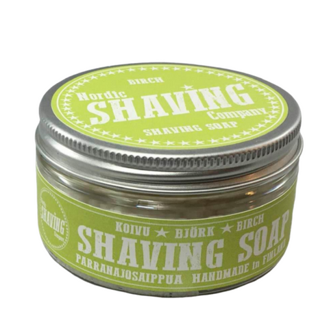 Retro styling for these natural shaving soap from the Nordic Shaving Company, with its bright lime green label, the metal tin contains wet shaving soap scented by new birch leaves.