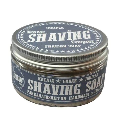 Retro styling for these natural shaving soap from the Nordic Shaving Company, with its grey label, the metal tin contains wet shaving soap scented by juniper berries and  leaves.