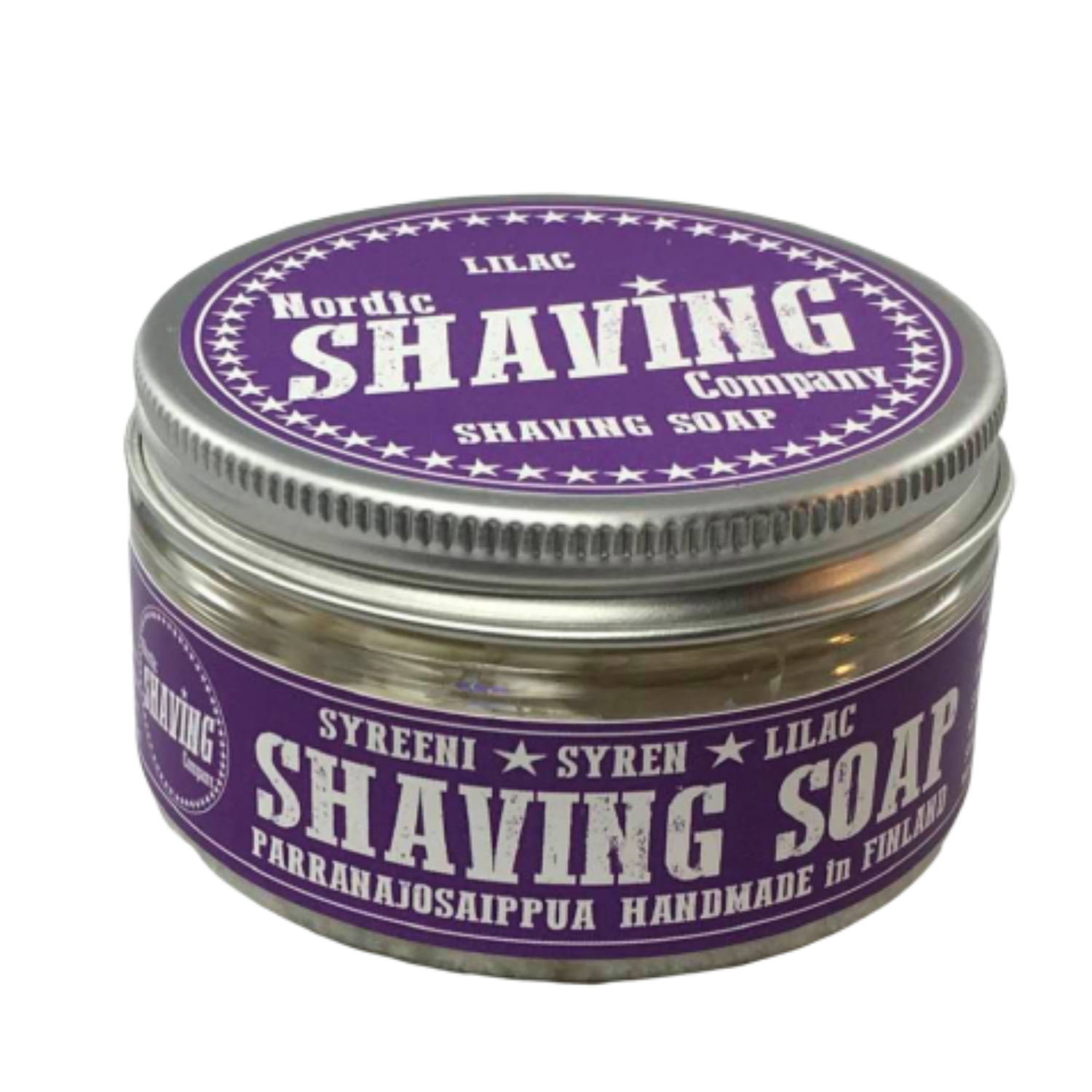 Retro styling for these natural shaving soap from the Nordic Shaving Company, with its purple green label, the metal tin contains wet shaving soap scented from lilac flowers.