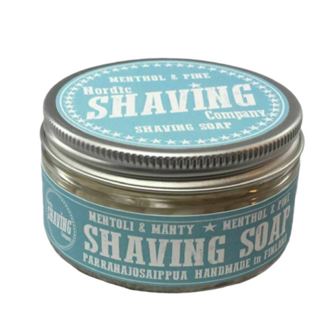 Retro styling for these natural shaving soap from the Nordic Shaving Company, with its light blue label, the metal tin contains wet shaving soap scented by fresh menthol and pine  leaves.