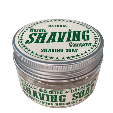 Retro styling for these natural shaving soap from the Nordic Shaving Company, with its white and green label, the metal tin contains wet shaving soap in an unscented version.