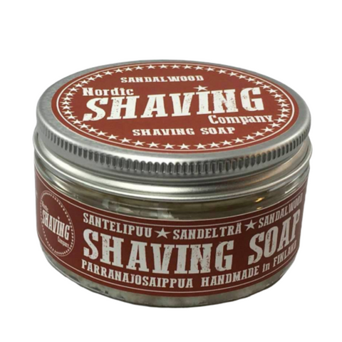 Retro styling for these natural shaving soap from the Nordic Shaving Company, with its brown label, the metal tin contains wet shaving soap scented by sandalwood.