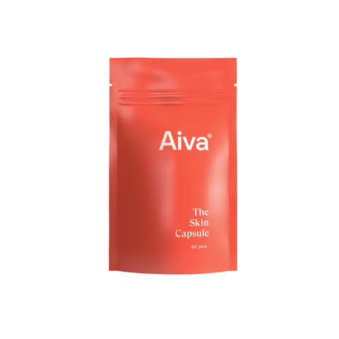Red packet of natural beauty skincare supplements containing 60 all vegan capsules to help you get great skin from within, by AIVA Organics