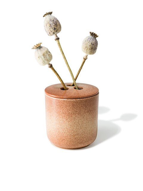refill or reuse the ceramic vessel once the candle is over, in unique rust & natural textured finish from Quod Stockholm with distinctive 3 hole ceramic lid designed for flowers, twigs and natural arrangements.
