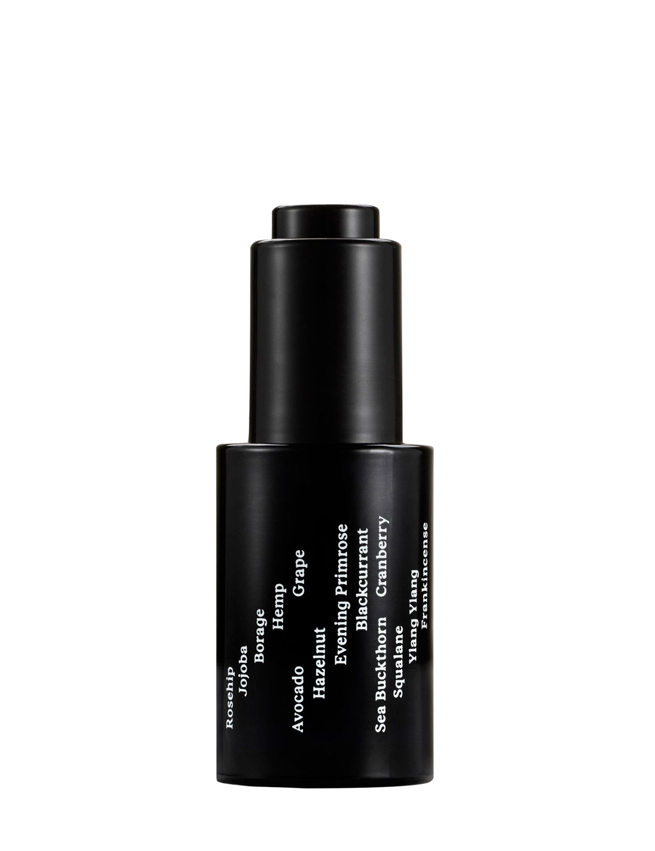 Sleek black glass bottle with stark white text creates a stylish minimalist skincare line from OM-SE. This balancing facial oil is vegan and totally organic for easy beauty routines, ideal for acne skin problems.