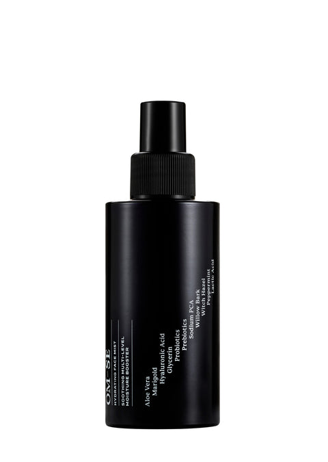 Sleek black glass bottle with stark white text creates a stylish minimalist skincare line from OM-SE. This face mist is vegan and totally organic for easy beauty routines, ideal for acne & problem skin.