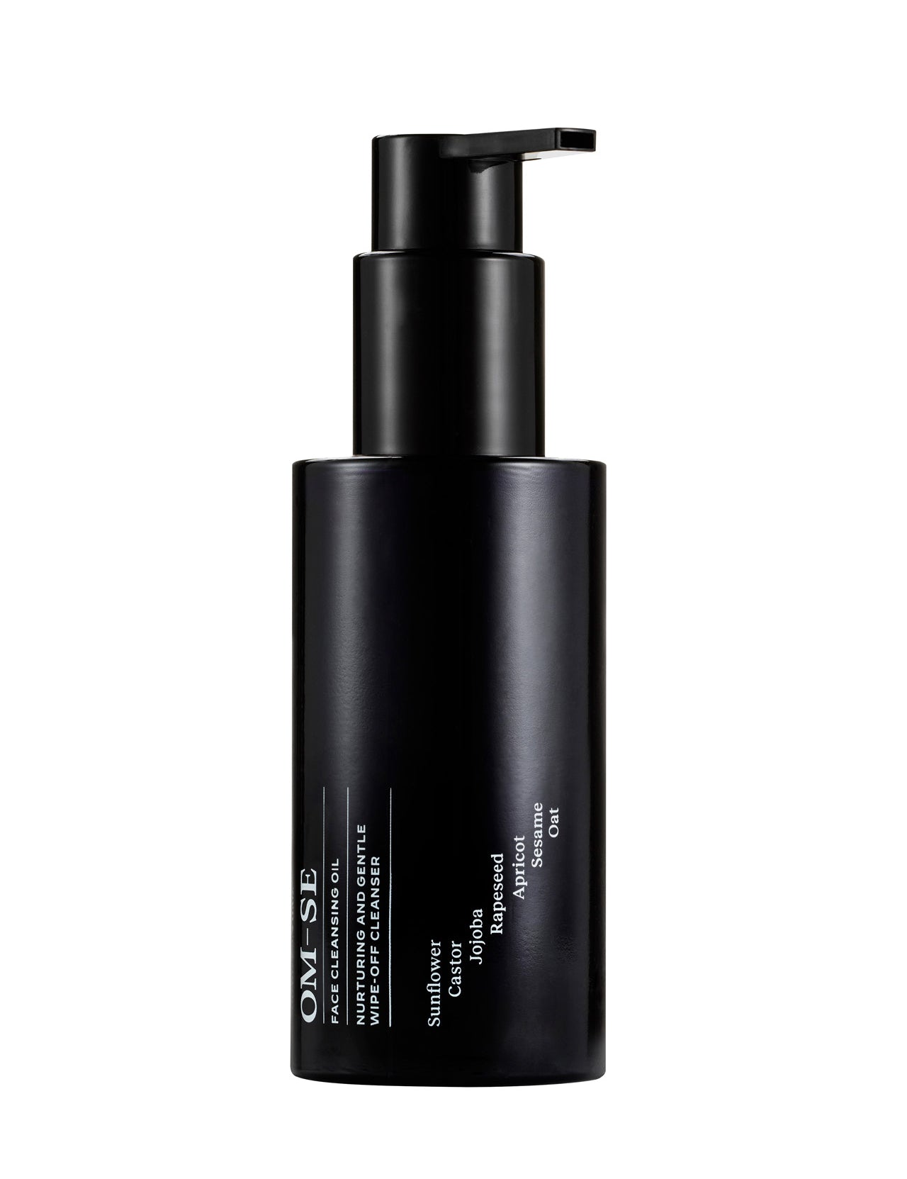 Sleek black glass bottle with stark white text creates a stylish minimalist skincare line from OM-SE. This balancing cleansing oil is vegan and totally organic for easy beauty routines, ideal for acne & problem skin.