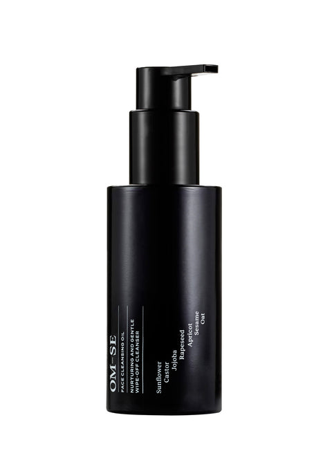 Sleek black glass bottle with stark white text creates a stylish minimalist skincare line from OM-SE. This balancing cleansing oil is vegan and totally organic for easy beauty routines, ideal for acne & problem skin.
