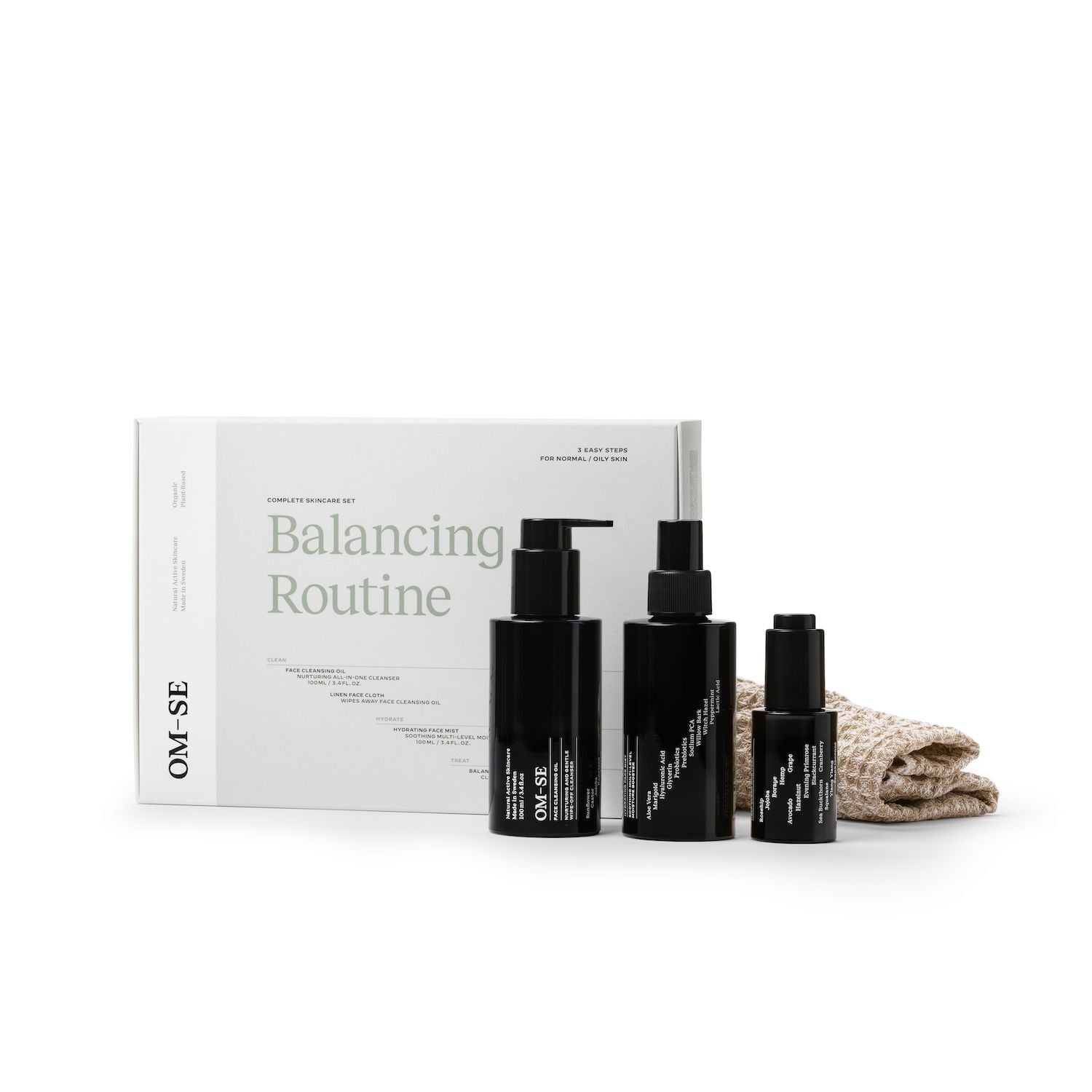 Sleek black glass bottles with stark white text creates a stylish minimalist skincare line from OM-SE. The Balancing Routine has all 4 products needed for easy beauty routines, ideal for acne &amp; problem  skin types.