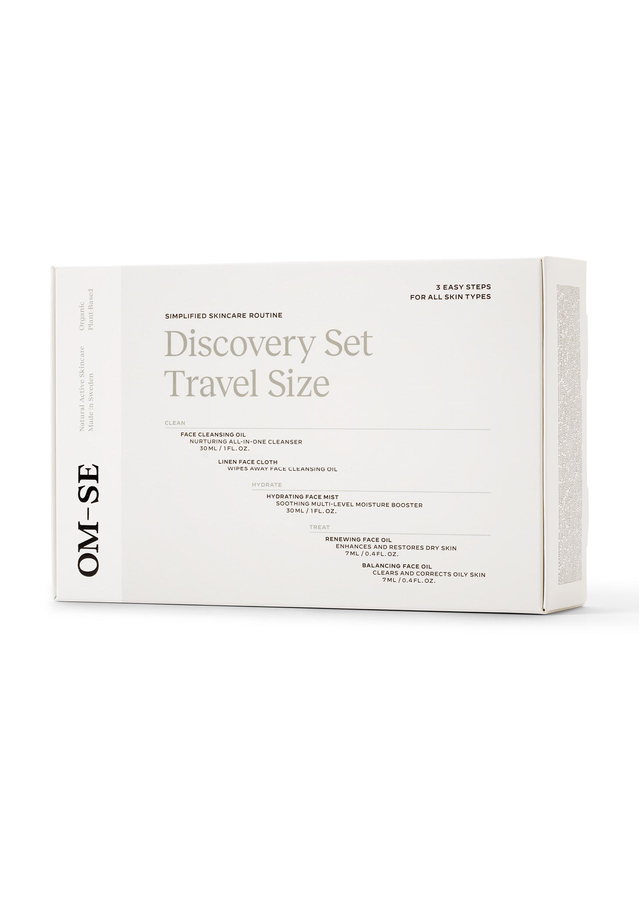 Your all-in-one stylish minimalist skincare discovery set from OM-SE. The Discovery Set of 5 products to try or for travel is vegan and totally organic for easy beauty routines, ideal for all skin types.