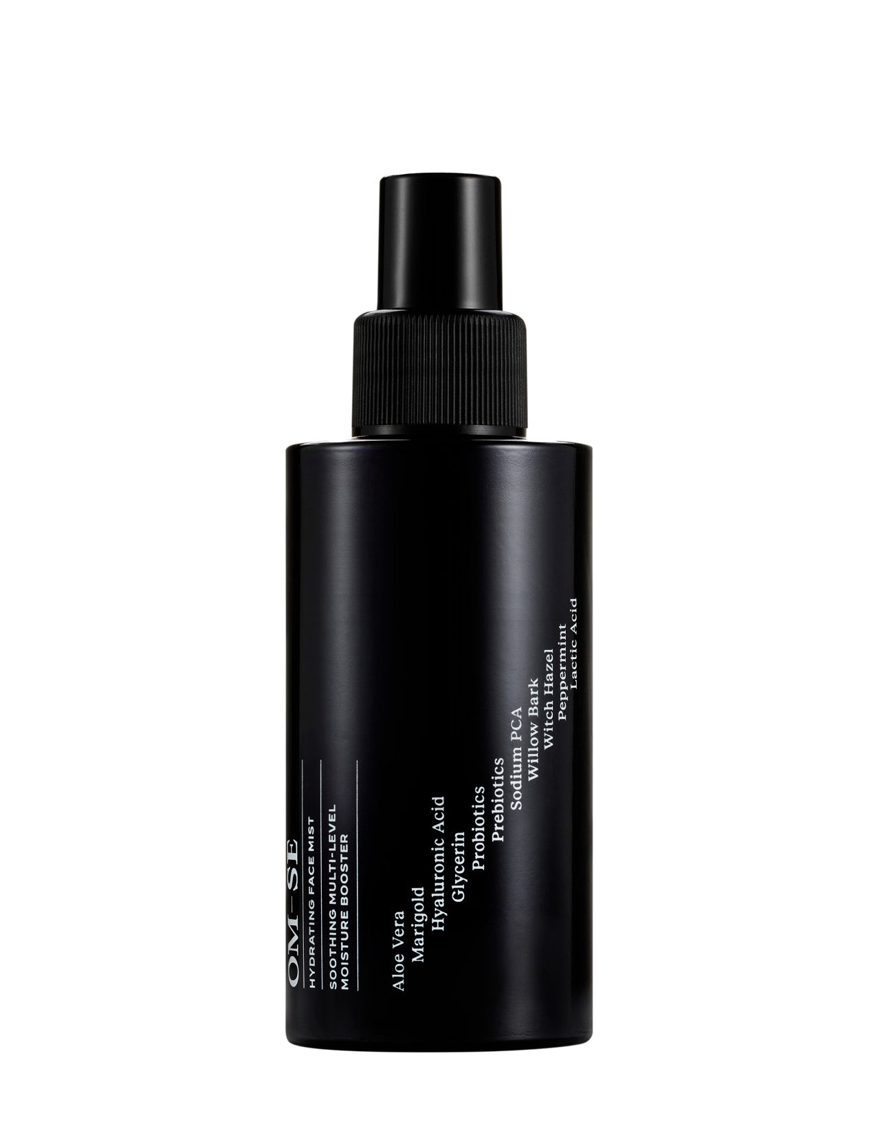Sleek black glass bottle with stark white text creates a stylish minimalist skincare line from OM-SE. This hydrating facial mist is vegan and totally organic for easy beauty routines.