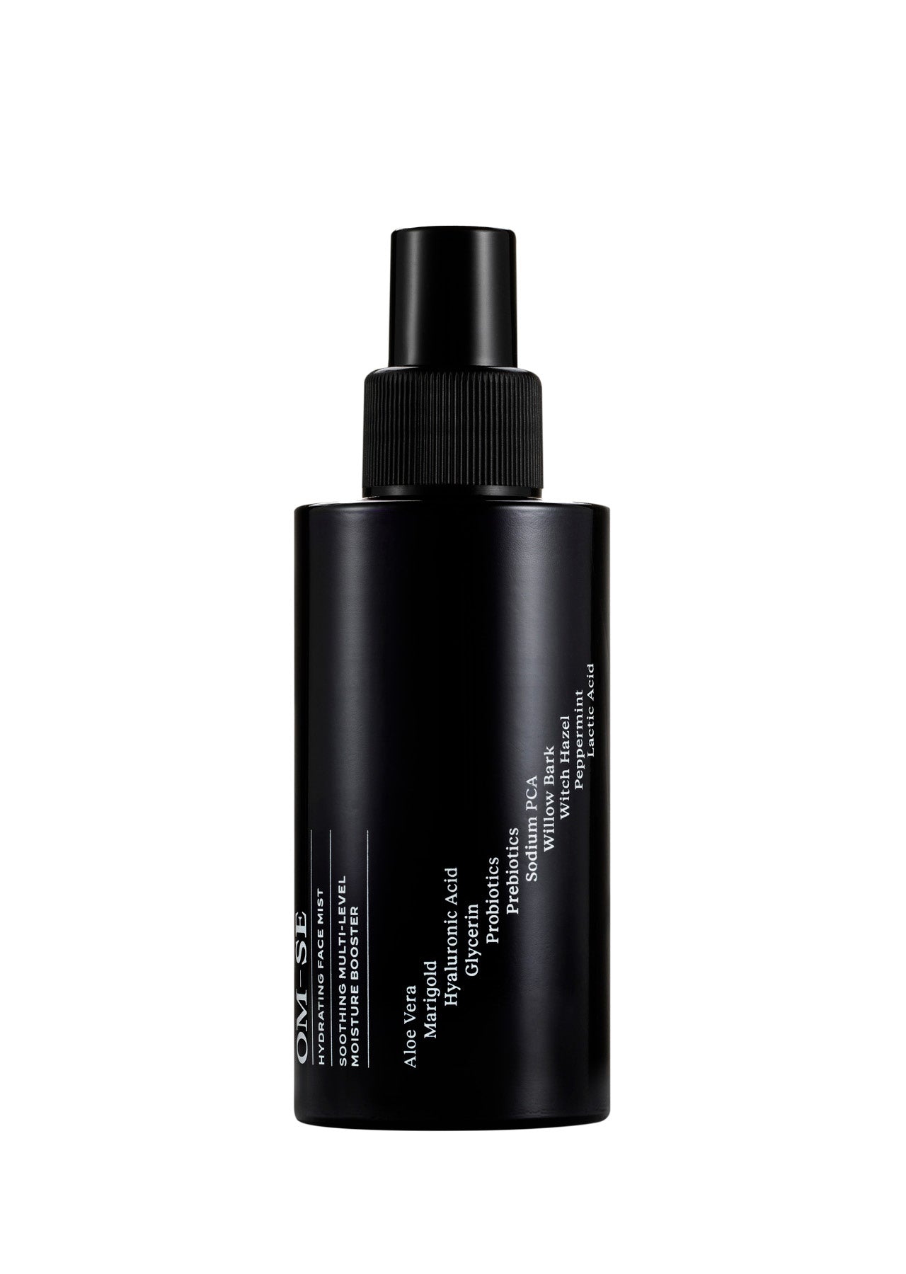 Sleek black glass bottle with stark white text creates a stylish minimalist skincare line from OM-SE. This hydrating facial mist is vegan and totally organic for easy beauty routines.