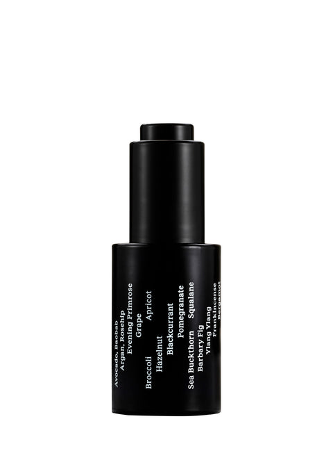 Sleek black glass bottle with stark white text creates a stylish minimalist skincare line from OM-SE. This renewing facial oil is vegan and totally organic for easy beauty routines, ideal for dry & ageing skin.